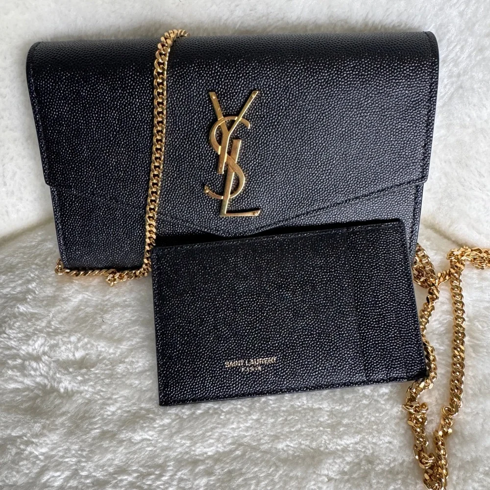 SAINT LAURENT Uptown Chain Wallet in Grain De Poudre Embossed Leather - Picture 1 of 14